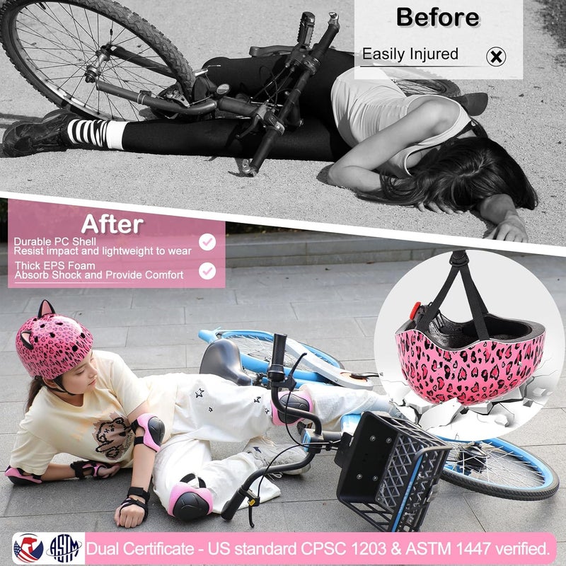 FIODAY Kids Helmet, Bike Helmets for Kids 8-14 with Knee Pads and Elbow Pads Wrist Guards, Adjustable Youth Girls Bike Helmet with DIY Cat Ears Skateboard Helmet for Scooter Skating Cycling - Image 3